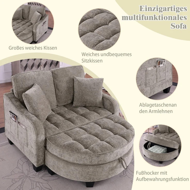Wohnora-Multifunktionales Sofa, 2-in-1 Sofa-Bett, Aufbewahrungs-Hocker, atmungsaktiver hautfreundlicher Stoff, umweltfreundliches Eukalyptusholz, kleine Wohnzimmer,Studienzimmer,Schlafzimmer,Brown,H 93cm x T 132cm x B 129cm,Braun – Bild 2
