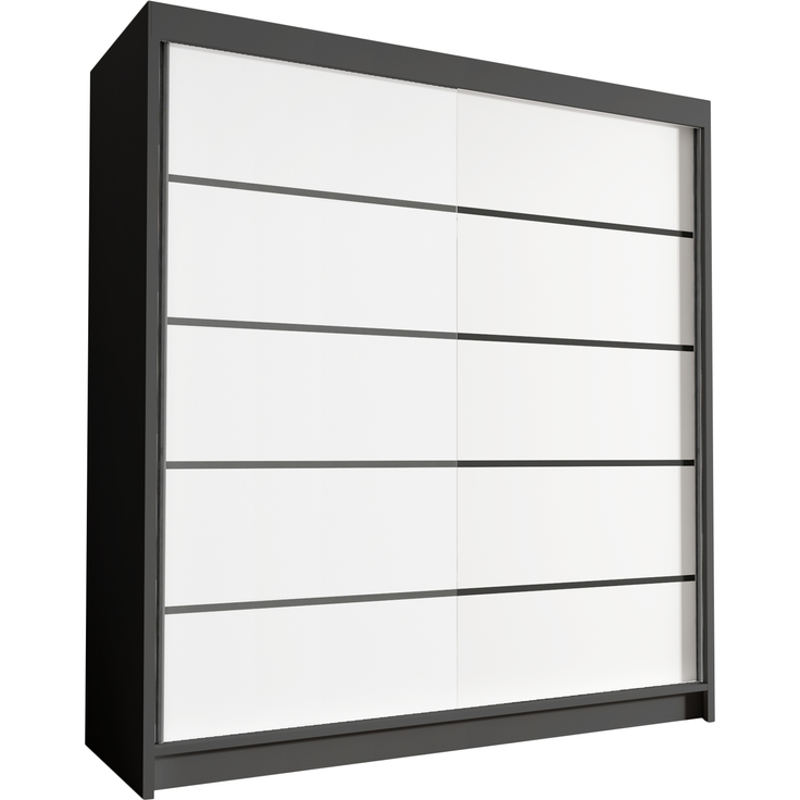 Kleiderschrank Harry IV 180 cm - Groß Schwebetürenschrank, Schiebetürenschrank mit Kleiderstange und Einlegeboden, Schlafzimmerschrank, Schiebetüren - 180x215x58 cm (Schwarz/Weiß)