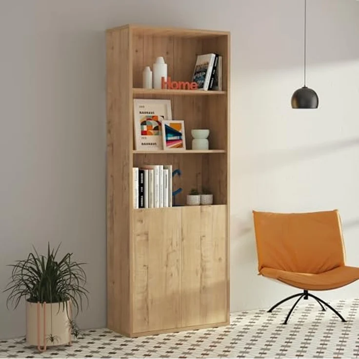 Muebles Pitarch | Bücherregal für Büro oder Arbeitszimmer mit 2 Türen und 4 Regalen, Wohnzimmer-Bücherregal, Gold Eiche, 196,5 x 75,5 x 33 cm (Höhe x Breite x Tiefe), einfach, elegant und robust – Bild 4