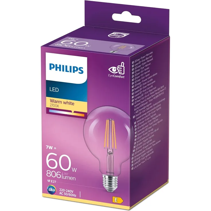 Philips LED Classic E27 Lampe, 60 W, Giant Globeform, klar, warmweiß