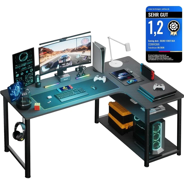 COMHOMA Schreibtisch Gaming Tisch mit Regal, Eckschreibtisch Computertisch L Form, PC Tisch für Büro, Heimbüro – Bild 1