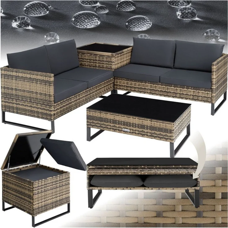 tectake Loungeset Rattan Sitzgruppe, große Aufbewahrungsbox für 4 Personen, (Gartenlounge-set Ostuni, 4-tlg, 4-tlg. in Natur), widerstandsfähig und UV-beständig, Dicke der Polster 9 cm – Bild 5