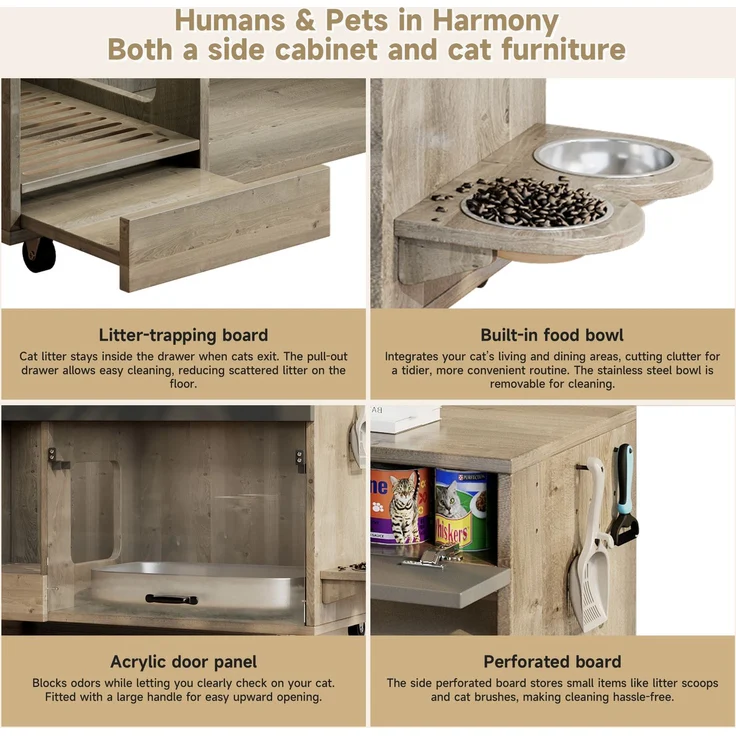 Bewegbarer Katzenkloschrank (Katzentoilettenschrank) – mit Katzenfuttertellern, Sandauffangschale, Lochplatte mit Hakenlöchern, ohne Katzenklo, 100×45,5×67 cm (antikgrau-braune Farbe, Eichenholzfarbe) – Bild 6