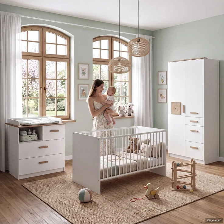 Babyzimmer-Set Kinderzimmer Babybett Wickelkommode Kleiderschrank 91 Weiß Eiche – Bild 2