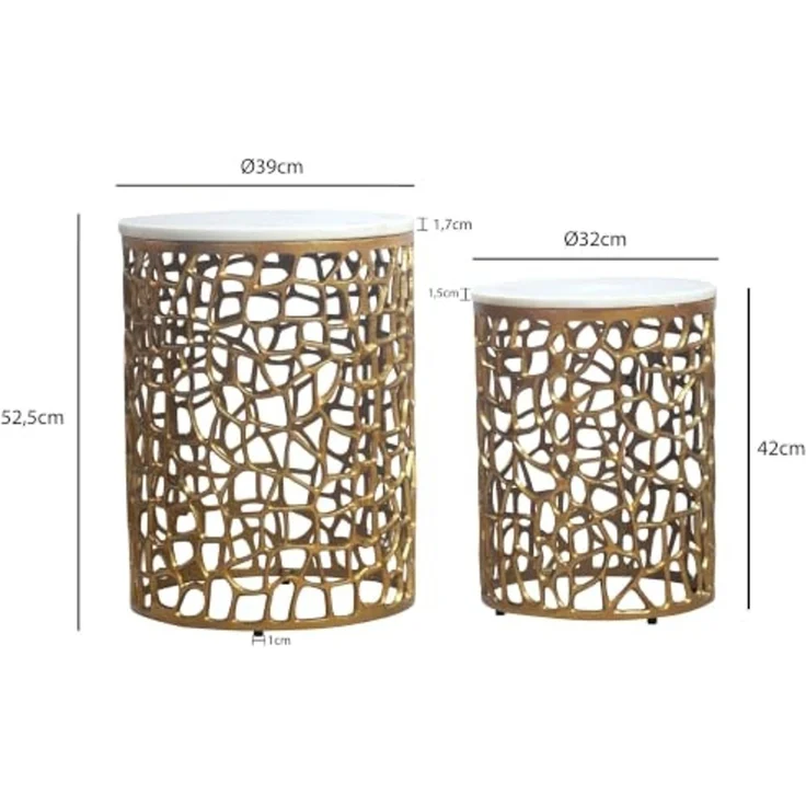 FINEBUY Satztisch FB117900 2er Set Couchtisch Gold Wohnzimmertisch Beistelltisch Marmor (Elegante Wohnzimmertische im schicken Zweierset), Weißer Naturstein kombiniert mit Metallgitter – Bild 3