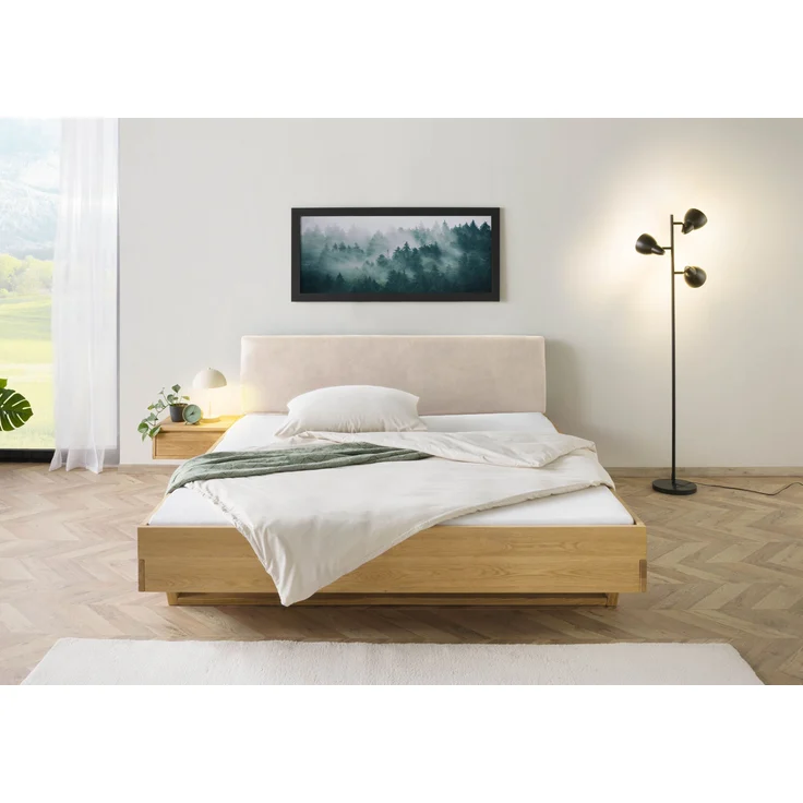 Bett mit Nachttisch links Fichte 160x200x85 natur gebeizt / geölt, Kopfteil beige FICHTELBERG #154 – Bild 9