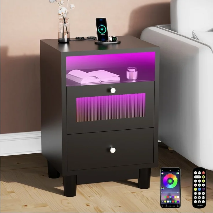 oyajia Nachttisch mit LED-Beleuchtung und Ladefunktion, Beistelltisch (Nachtschrank Beistelltisch mit 2 Schubladen und 1 offener Ablage, 1-St), 2 AC-Steckdosen, 1 typ C+1 USB-Anschlüsse, 40x35x61cm – Bild 1