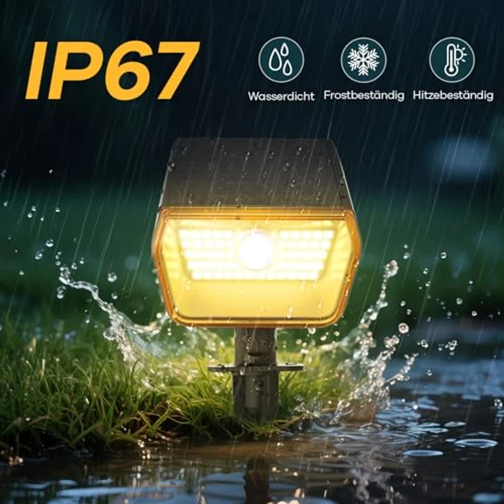Linkind solarlampen 2 in 1 Solar Strahler Außen mit Bewegungsmelder 3000K & 6500K, 60-LEDs Außen Gartenstrahler mit Dauerlicht und Lade-anzeige, IP67 Wasserdicht Solar Wegelampen 8M/120°, 3 Stück – Bild 7