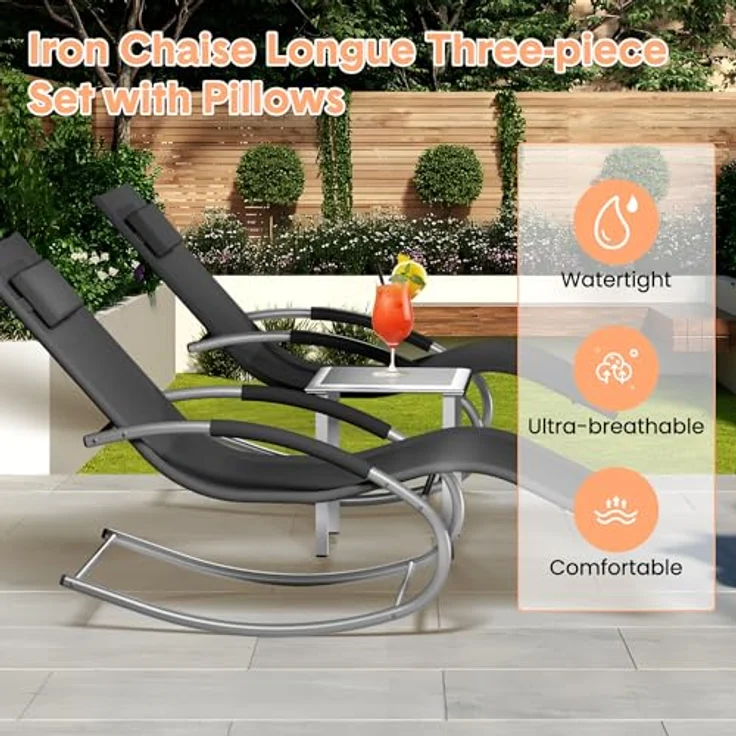 GarveeHome 3-Teiliges Outdoor-Lounge-Set Mit 2 Liegen Und 1 Couchtisch, Textilene-Schaukelstuhl Mit Gebogenem Metallrahmen, Liegestuhl Mit Kissen, Für Poolbereich, Terrasse Und Garten – Bild 4
