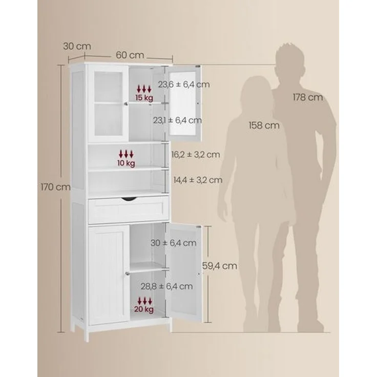 VASAGLE Badezimmerschrank, Badschrank, Aufbewahrungsschrank mit verstellbaren Ablagen, Schublade, offenen Fächern, für Badezimmer, Wohnzimmer, Esszimmer, wolkenweiß BBC768W01 – Bild 5