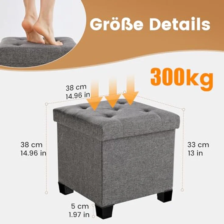 Sweetcrispy Sitzhocker mit Stauraum, 38 x 38 x 38 cm, Kleine Klappbare Sitzbank, Aufbewahrungsbox mit Deckel als Hocker & Fußbank, bis 300 kg belastbar, für Flur Wohnzimmer Schlafzimmer, Dunkelgrau – Bild 3