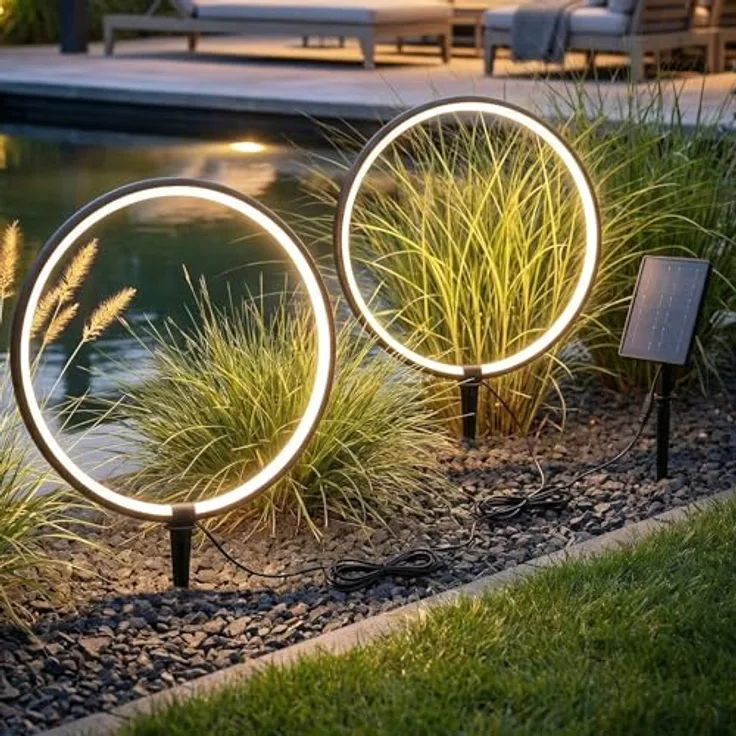 Arnusa Solar Gartenleuchten, LED Gartenstecker mit warmweißen Leuchtringen, Aluminium, 2er Set, flexibles Solarpanel mit 4 Lichtmodi