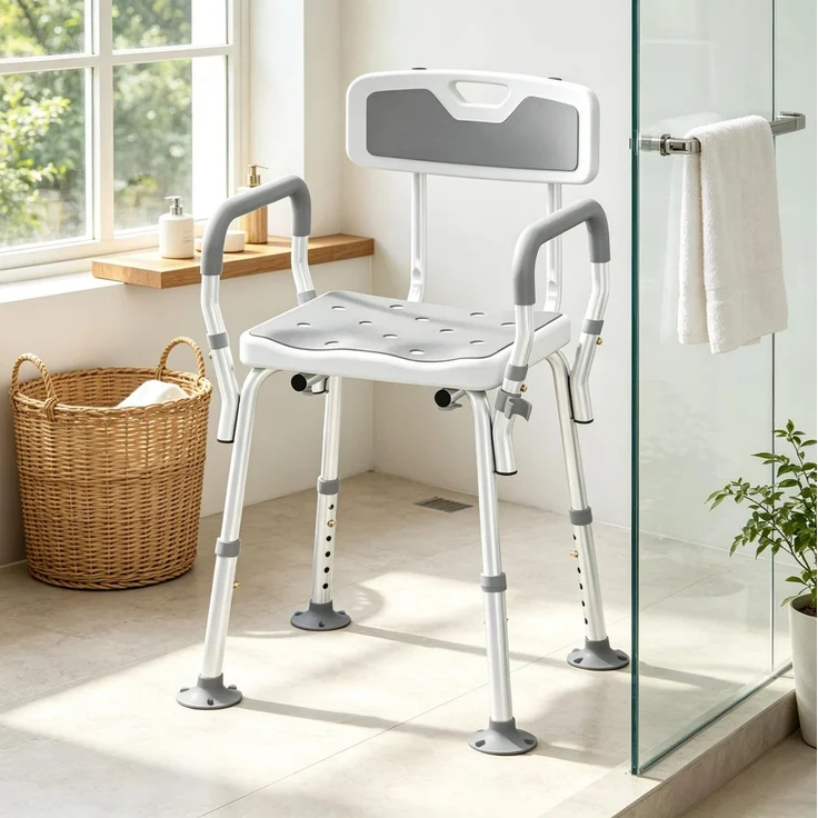 DESVIAE Sessel Duschstuhl Grau aus Aluminium/HDPE – 56,5x74–87x53,5 cm – höhenverstellbar, Rückenlehne – Bild 3