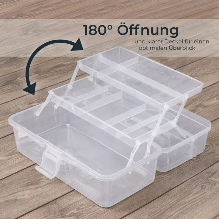 HMF Aufbewahrungsbox Nähkasten aufklappbar mit 3 Ebenen, Sortierbox mit 8 Fächern für, Kleinteile, 36,5 x 20,5 x 16 cm, Transparent – Bild 3