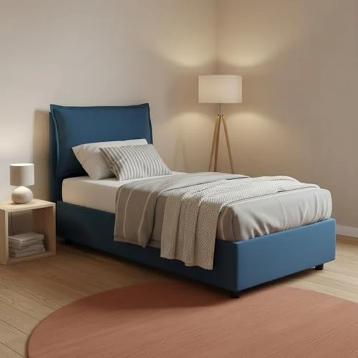 Talamo Italia - Luna Einzelbett, Bettkasten mit Stoffbezug, 100 % Made in Italy, seitliche Öffnung, geeignet für Matratze 80x190 cm, Blau – Bild 1