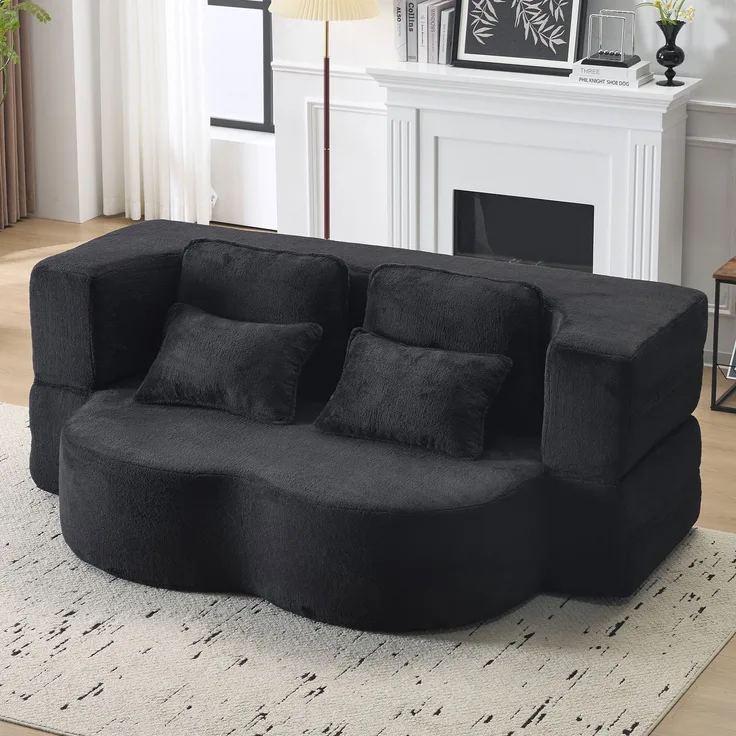 Großes modernes schwarzes Bodensofa mit 4 Wurfkissen, bequemes Flanellsofa, hochdichte Schaumstoff-Klappmatratze, geeignet für Wohnzimmer, Gästezimmer, Schlafzimmer, kein Zusammenbau erforderlich--Schwarz--198x60x76cm--YOUDENOVA