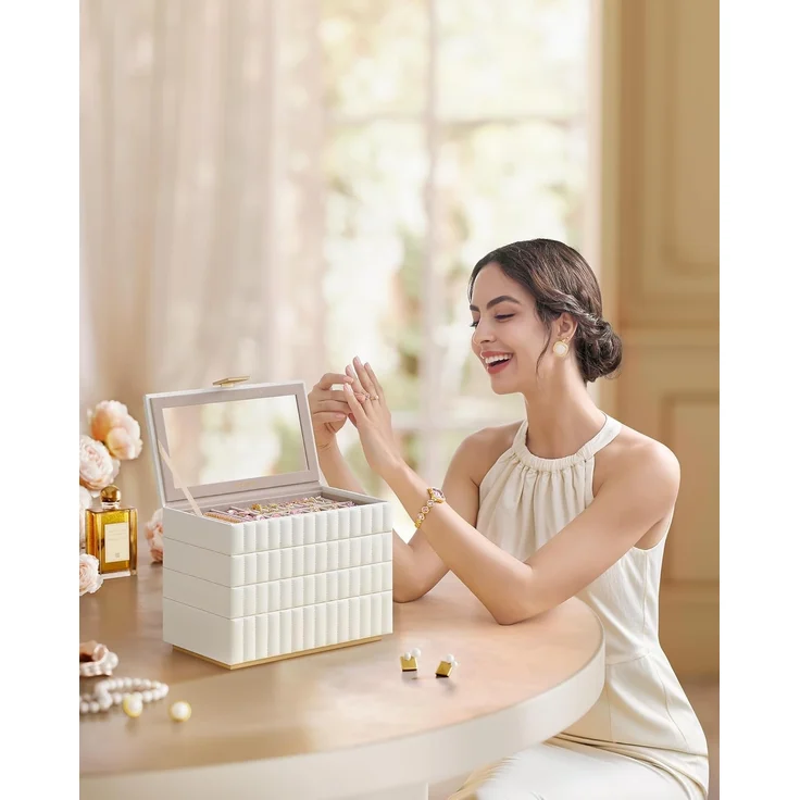 Songmics HOME ANAH Kollektion - Schmuckkästchen stapelbar mit Spiegel, 4 Ebenen Schmuckaufbewahrung, PU mit Nähten, schwebender Effekt, 17 x 28 x 20,5 cm, Geschenkidee, wolkenweiß – Bild 2