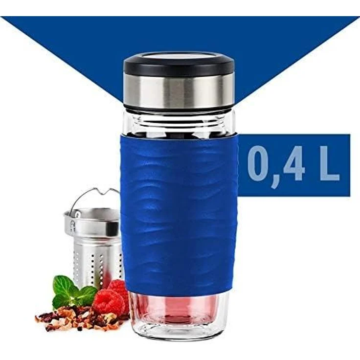 EMSA 'Tee Mug' Teebecher mit Sieb, doppelwandiges Glas, Silikonmanschette, blau, 400 ml – Bild 13