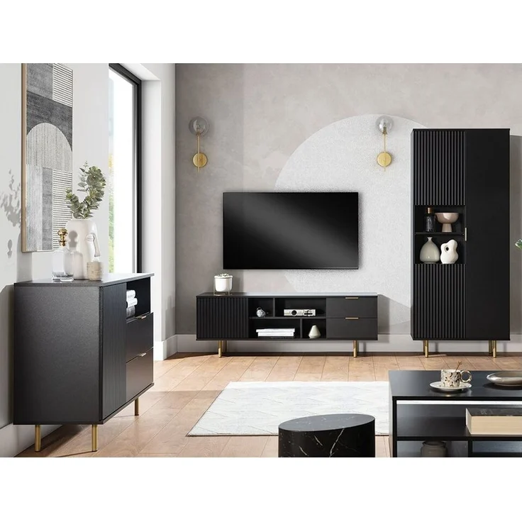 Lomadox Wohnzimmer-Set NADOR-132, (Mega-Spar-Set, 3-St, 3-tlg), in matt schwarz, goldfarbene Metallgriffe und -füße – Bild 1