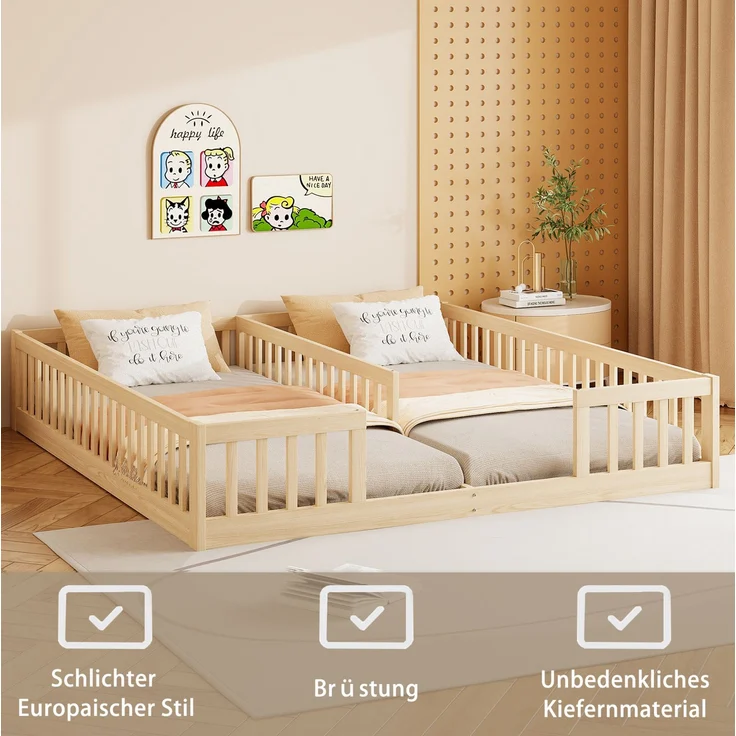 Kinderbettanlage 2x 90x200 cm, mit Schutzgittern und Lattenrosten, Ohne Matratze – Bild 6