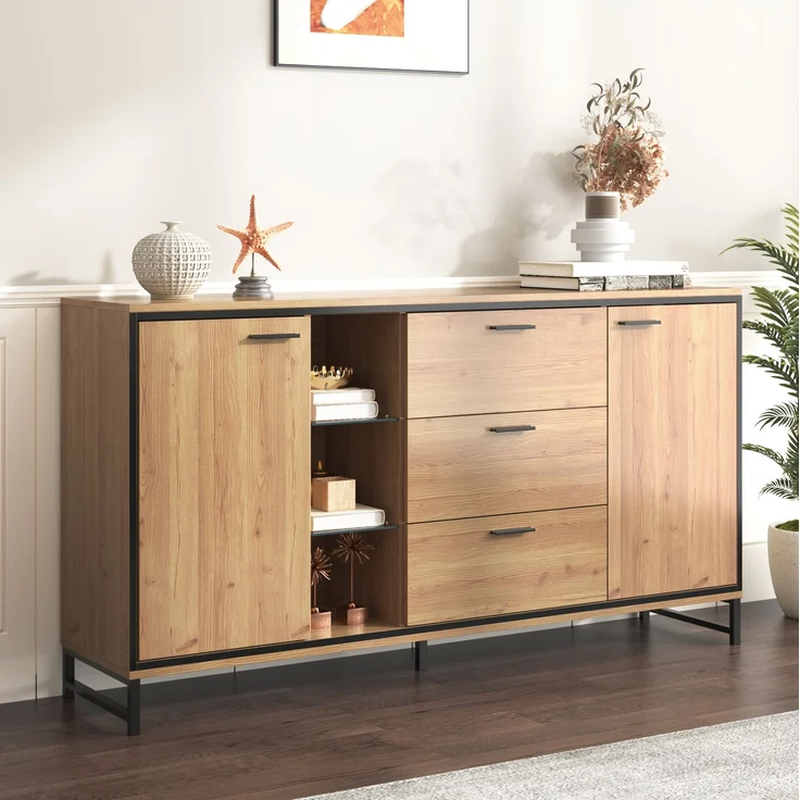 DESVIAE Sideboard mit LED-Beleuchtung, verstellbaren Regalböden, 160x85x40 cm, Spanplatte und MDF, Naturholz und Schwarz – Bild 1