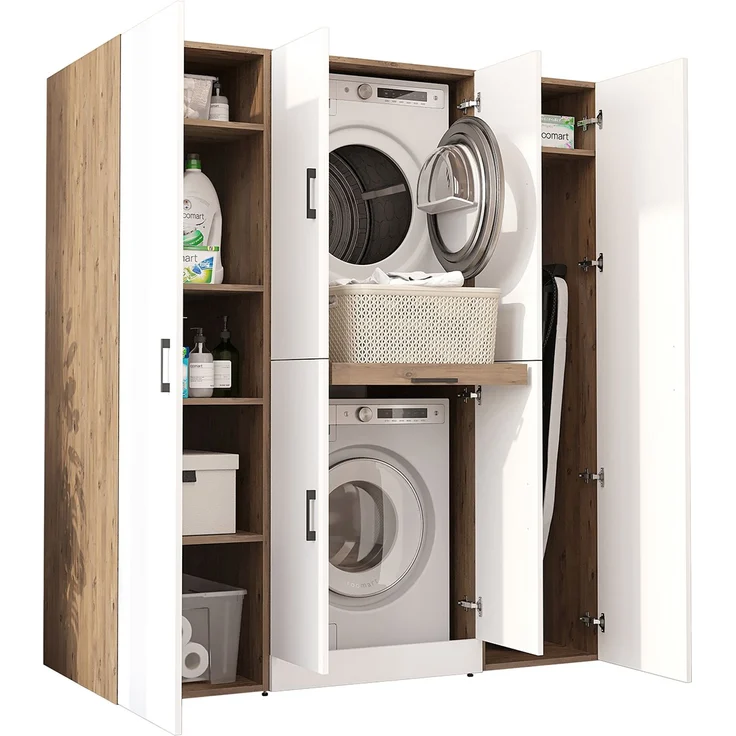Roomart Waschmaschinenschrank - DORA-I- 160 cm breit - Wasch- & Trocknerschrank mit 2 Hochschränken, Türen & Ausziehbrett, Waschmaschinen-Überbau für Waschküche & Hauswirtschaftsraum • Weiß-Eiche – Bild 8