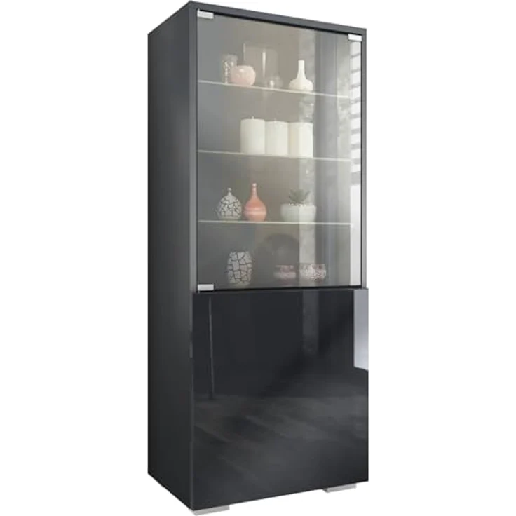 Vladon Standvitrine Granada (Vitrinenschrank, mit Glastür und Glaseinsatz) Anthrazit matt/Schwarz Hochglanz (50 x 122,5 x 34,5 cm) – Bild 2