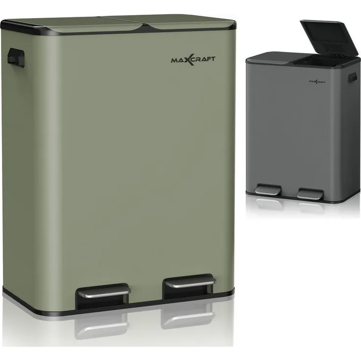 MAXCRAFT Küchen-Mülleimer 60L – Treteimer mit Soft-Close & Doppelfach für Mülltrennung, Grün
