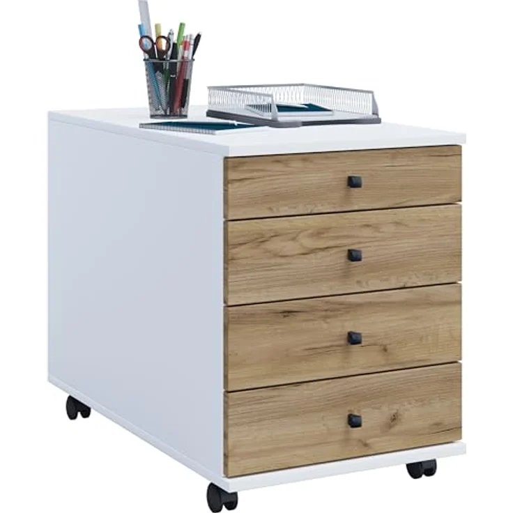 Mid.you Rollcontainer, Weiß und Honigeiche, Kunststoff, 4 Schubladen, 42x57x75 cm – Bild 1