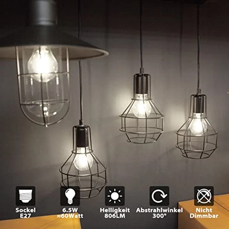 LVWIT 6.5W E27 Filament LED Glühfaden A60, Kaltweiß 6500K, 806 lm, nicht dimmbar, Rustikalampe im klaren Filamentstil – Bild 2