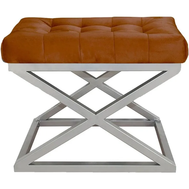 Atelier Del Sofa Stylish Pouffe with Metal Frame, 50 cm Width, 42 cm Height, 40 cm Depth | 100% Polyester Babyface, Grey with Silver & Terracotta Accents | Perfect for Modern Living Spaces
