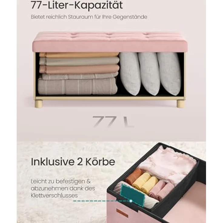 SONGMICS Sitzbank mit Stauraum, Hocker faltbar, 38 x 76 x 38,5 cm, Aufbewahrungsbox mit Deckel, Fußhocker 77 L, Samt, bis 300 kg belastbar, Flur Wohnzimmer Schlafzimmer, pastellrosa LSF0517R01 – Bild 6
