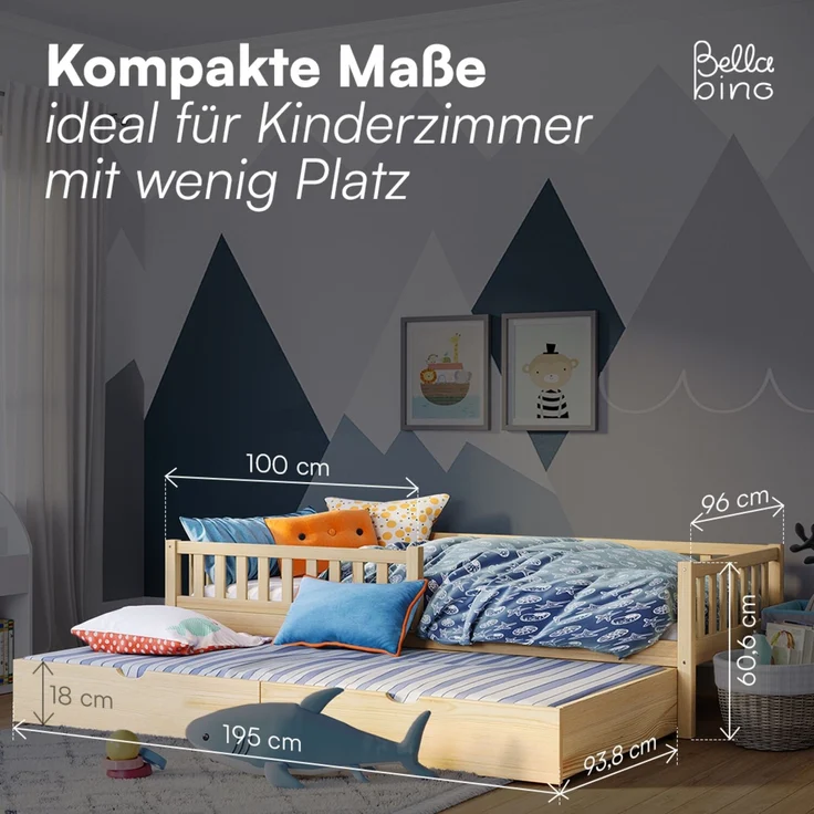 Bellabino 'Vils' Kinderbett 90x200 cm mit Gästebett 90x190 cm, natur, Kiefer Massivholz, Montessori Bett mit Ausziehbett, mit abnehmbarem Rausfallschutz und Lattenrost – Bild 8