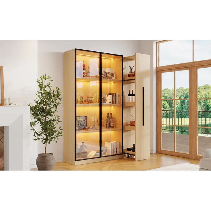 ZUBALIYA Multifunktionsschrank 110,5×35×160cm-Vitrine mit Glastür und LED, Seitenauszug, Rollschrank - Hochschrank im modernen Stil, Vitrine,Esszimmerschrank,Bücherregal, Badezimmerschrä – Bild 19