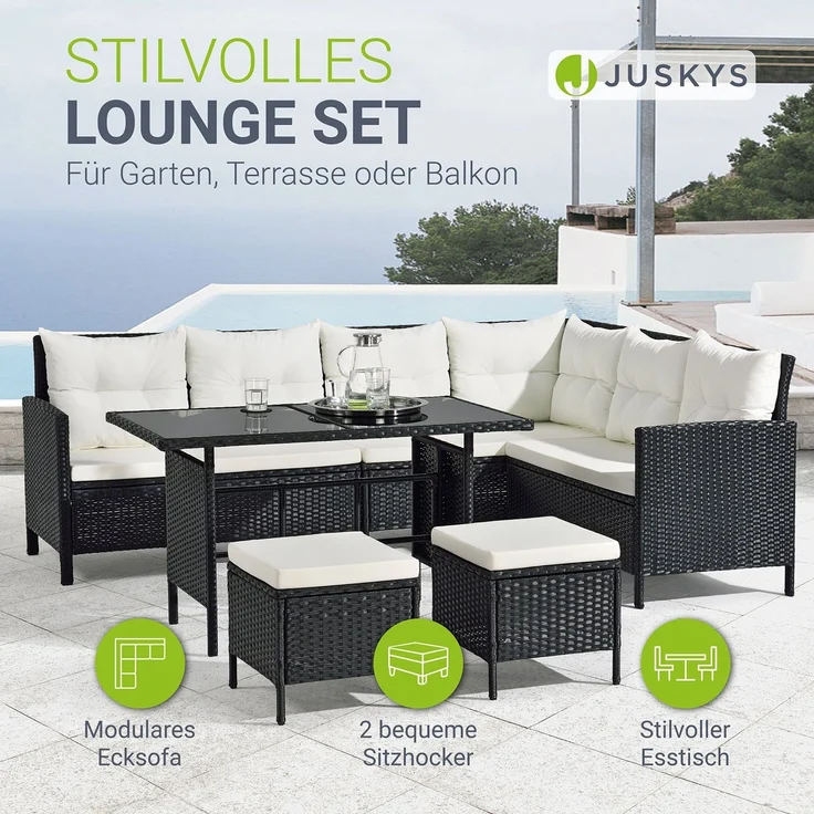 Juskys 'Manacor' Lounge mit Sofa, Tisch, 2 Hocker & Kissen, Polyrattan schwarz-creme, 7 Personen – Bild 2