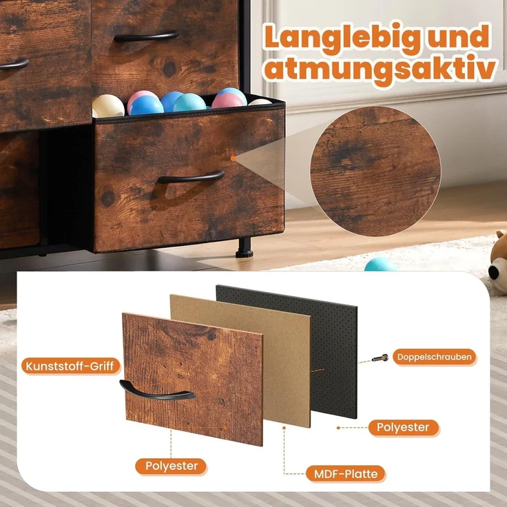 Sweetcrispy Kommode,Sideboard Wohnzimmer für Schlafzimmer mit 8 Stoffschubladen,Einstellbare Füße Schubladenschrank,Komodenschrank für Schlafzimmer,Modernes Braun – Bild 5