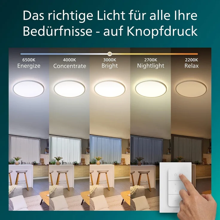 Philips Superslim Deckenleuchte inkl. Fernbedienung, 5 voreingestellte Lichtszenen, stufenloses Dimmen bis zu 1%, einfache Steuerung& Installation, schlankes Design, 29,1 cm, 16 W, rund, weiß – Bild 5