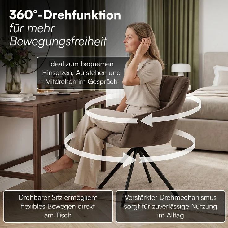skølm 'Sköll' Esszimmerstühle, 6er Set, dunkelbraun, gepolstert mit Samt-Bezug, höhenverstellbar & drehbar, Polsterstühle mit Armlehnen, bis 150 kg belastbar – Bild 2