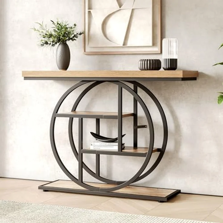 LITTLE TREE Konsolentisch, 4-stöckiger Eingangstisch hinter dem Couchtisch, 104 cm Bauernhaus-Sofatisch für Wohnzimmer, Foyer, Flurtisch für Eingang, Walnuss und Schwarz – Bild 2