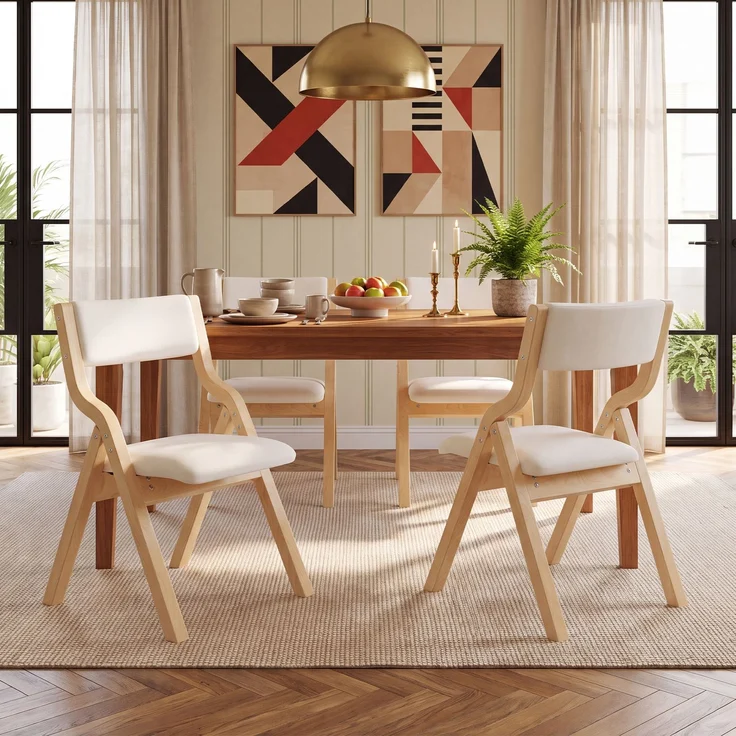 4 klappbare Esszimmerstühle, Esszimmerstühle aus Massivholz, bequem und atmungsaktiv, faltbar und verstaubar, geeignet für Esszimmer, Wohnzimmer, Café, moderner Stil, Leinen, Beige – Bild 1