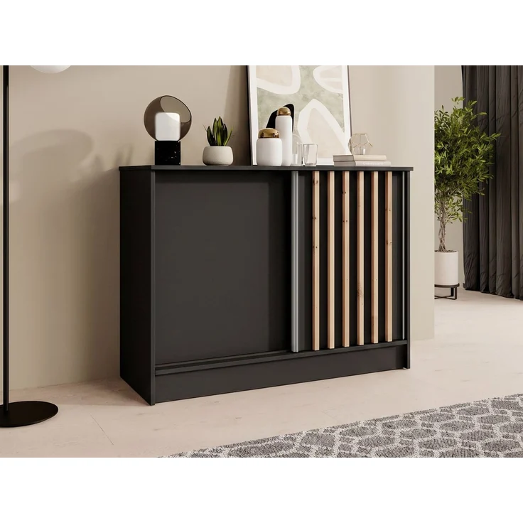 Beautysofa Kommode mit 2 Schiebetüren HORIZON (in 100 cm, 120 cm oder 160 cm, verschiedene Farben: Eiche Artisan, Schwarz, Weiß, Kaschmir), mit dekorativen Lamellen – Bild 1