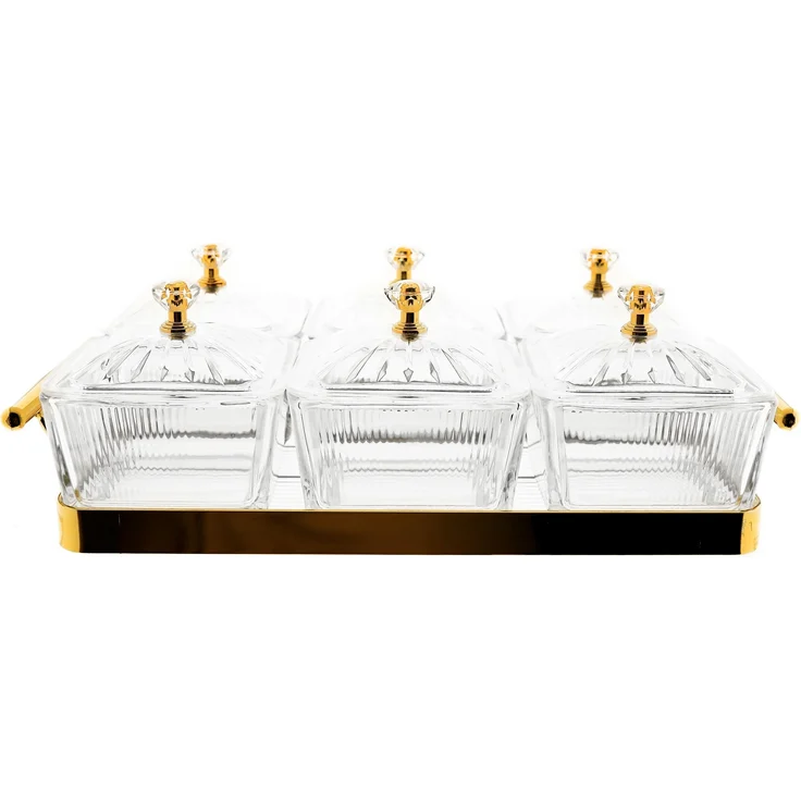 13 Teiliges Snackschalen-Set aus Glas mit goldenem Serviertablett & Knaufdeckel – Bild 2