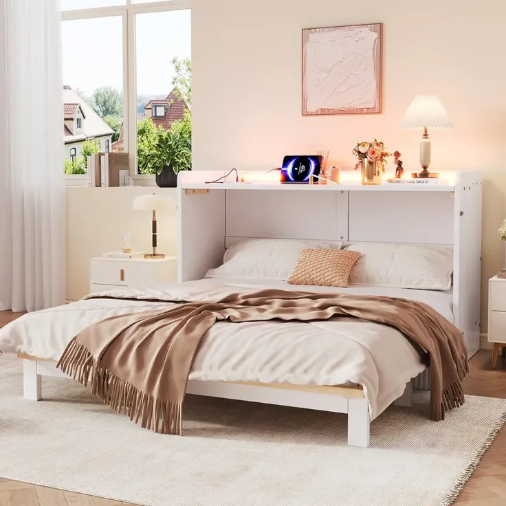 Schrankbett mit Mehrfachsteckdose, Schublade und RGB LED-Streifen, 140x200cm, Wandklappbett, horizontal klappbar, platzsparend – Bild 2