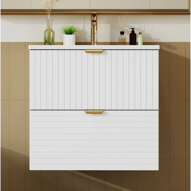 Wandhängender Waschtisch 61x46x57 cm mit Keramikbecken und zwei Schubladen, Weiß – Bild 3
