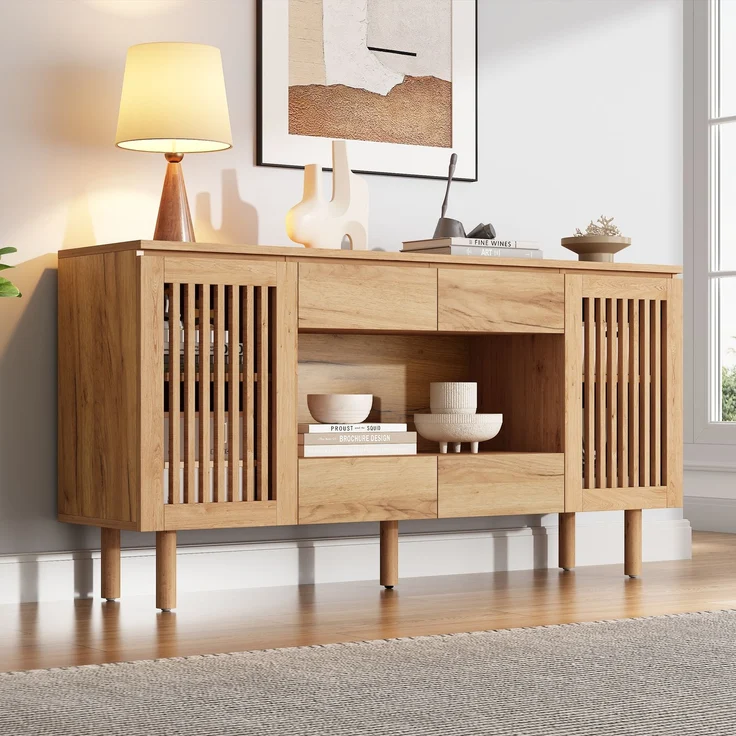 ZUBALIYA Sideboard 140x35x71 cm, mit 4 Schubladen, aus MDF, Natur – Bild 3