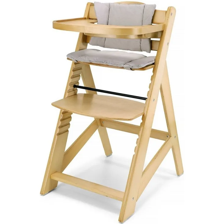 Moby-System Woody Mitwachsender Kinderhochstuhl, Hochstuhl für Kinder, Höhenverstellbar, mit Essbrett und Kissen, 3-Punkt-Sicherheitsgurt, Massivholz, Erle