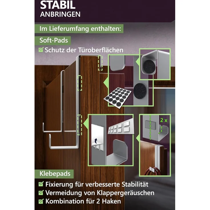 4smile Türhaken zum Einhängen - 10er Set, Fb. Grau - Solide Kleiderhaken Tür für die ganze Wohnung, flexible Haken zum Einhängen, belastbare Türhakenleiste, universelle Türgarderobe – Bild 6