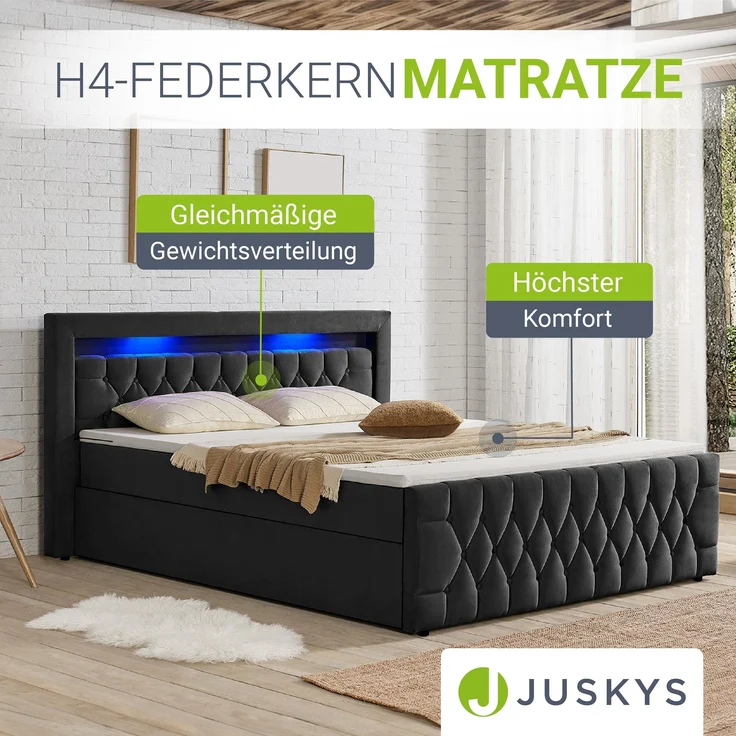 Juskys 'Leona' Boxspringbett mit LED Beleuchtung, Topper & Matratze, H4, Samt schwarz, 140x200 cm – Bild 3