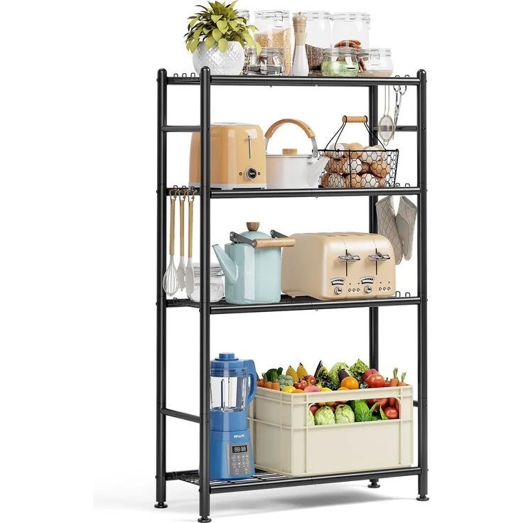 KINGRACK 5 Etagen Metallregal mit Gitter-Ablagen und Seitenhaken, Hohes Küchenregal Standregal für Küche Bad Wohnzimmer Büro (4 Tier-84 x 32 x 144,7 cm)