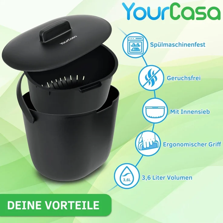 YourCasa Biomülleimer Küche 6L für alltäglichen Biomüll Spülmaschinenfest mit Sieb, Spülmaschinenfest, 6L Fassungsvermögen – Bild 7